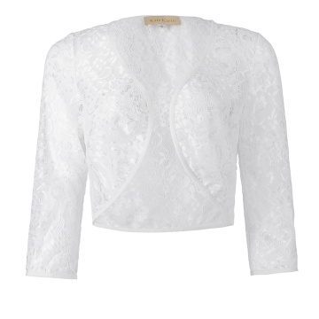 Kate Kasin Women's Three Quarter Sleeve Cropped Short Open White Lace Bolero Shrug Shawl KK000430-2